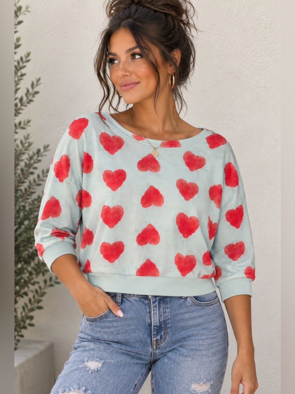 Emerald Mint Green Pink Heart Lightweight 3/4 Sleeve Boxy Women’s Top Shirt NWOT